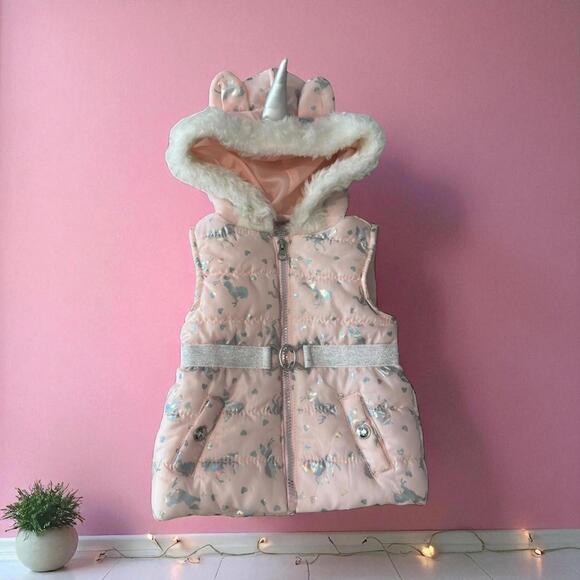Toddler Girls' Pink Unicorn Hooded Puffer Vest Size 2T Lightweight Trendy - Picture 1 of 5
